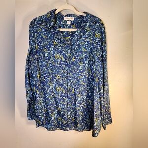 Coldwater Creek No Iron Blue‎ and Yellow Floral Blouse Sz 18/1X